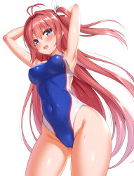 Rule 34 | 1girl, ahoge, ao no kanata no four rhythm, armpits, arms behind head, arms up, blue eyes, blue one-piece swimsuit, blush, breasts, cameltoe, cleft of venus, competition swimsuit, covered erect nipples, covered navel, gluteal fold, groin, highleg, highleg swimsuit, highres, kurashina asuka, long hair, looking at viewer, medium breasts, one-piece swimsuit, open mouth, pink hair, side ponytail, simple background, smile, solo, swimsuit, thighs, very long hair, wet, wet clothes, wet swimsuit, white background, zirba