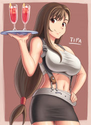 Rule 34 | 1990s (style), 1girl, belt, breasts, brown hair, character name, crop top, drink, final fantasy, final fantasy vii, hand on own hip, hip focus, jinrai (owl12), large breasts, legs, long hair, low-tied long hair, midriff, miniskirt, navel, pencil skirt, red eyes, retro artstyle, shirt, skirt, smile, solo, suspender skirt, suspenders, taut clothes, taut shirt, thighs, tifa lockhart, tray, waitress