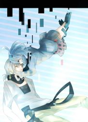 Rule 34 | 1boy, 1girl, blue eyes, blue hair, digital dissolve, ene (kagerou project), closed eyes, facial mark, floating, jacket, kagerou project, konoha (kagerou project), thighhighs, track jacket, twintails, upside-down, white hair