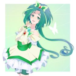 Rule 34 | 1girl, absurdres, akimoto komachi, arm warmers, bad id, bad pixiv id, bare shoulders, bike shorts, blush, border, brooch, butterfly hair ornament, collarbone, cure mint, dress, fingers together, forehead, frilled skirt, frilled sleeves, frills, green background, green shorts, hair ornament, highres, jewelry, long hair, looking at viewer, miyoshi (miyomiyo 344), precure, sash, short sleeves, shorts, skirt, solo, thick eyebrows, white border, yellow dress, yes! precure 5