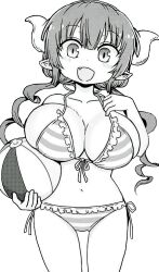 Rule 34 | 1girl, ball, beachball, breasts, cleavage, drill hair, highres, ilulu (maidragon), kobayashi-san chi no maidragon, large breasts, legs, looking at viewer, monochrome, navel, official art, open mouth, smile, solo, swimsuit, thighs, twin drills