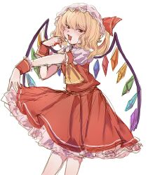 Rule 34 | 1girl, ascot, bat wings, blonde hair, blood, blood on face, blood on hands, cowboy shot, crystal, crystal wings, fang, flandre scarlet, hat, hat ribbon, highres, medium hair, mob cap, red eyes, red ribbon, ribbon, simple background, solo, touhou, uzuz (xvhm5584), vampire, white background, wings, yellow ascot