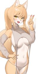 Rule 34 | 1girl, absurdres, anima nose, animal ears, black panties, blush, breasts, detached sleeves, fox ears, fox girl, furry, furry female, highres, jeifier (korfiorano01), large breasts, looking at viewer, meme attire, navel, open mouth, original, panties, simple background, solo, sonout, sweater, teeth, underwear, upper teeth only, v, virgin destroyer sweater, white background, white sleeves, white sweater, yellow eyes