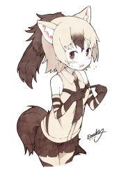 Rule 34 | 1girl, aardwolf (kemono friends), absurdres, animal ears, bad id, bad twitter id, bare shoulders, black hair, blush, collared shirt, cowboy shot, dated, elbow gloves, enk 0822, extra ears, fingers together, flying sweatdrops, gloves, highres, index fingers together, kemono friends, multicolored hair, necktie, pantyhose, pantyhose under shorts, print gloves, print pantyhose, shirt, short hair, short shorts, shorts, signature, sleeveless, solo, sweatdrop, tail, white hair