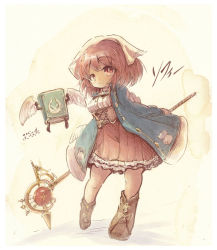 Rule 34 | atelier (series), atelier sophie, blue coat, breasts, brown corset, brown footwear, closed mouth, coat, commentary request, corset, frilled skirt, frills, full body, highres, holding, holding staff, kouba, looking at viewer, medium breasts, pink eyes, pink hair, pink skirt, plachta, simple background, skirt, smile, sophie neuenmuller, staff, white wings, wings
