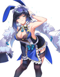 Rule 34 | 1girl, alternate costume, animal ears, aqua bow, armpits, artist name, bare shoulders, black gloves, black thighhighs, bob cut, bow, breasts, burnt green tea, center opening, cleavage, clothing cutout, commentary, diagonal bangs, dice, earrings, elbow gloves, english commentary, enmaided, eyebrows, fake animal ears, fake tail, frilled skirt, frills, fur trim, genshin impact, gloves, gold trim, green eyes, hand on own knee, hand up, highres, jacket, jewelry, large breasts, leaning forward, legs apart, long sleeves, maid, maid headdress, mole, mole on breast, nontraditional playboy bunny, parted lips, pointy nose, rabbit tail, simple background, single bare arm, single elbow glove, skirt, solo, sparkle, standing, tail, tassel, thighhighs, thighs, white background, white jacket, wide sleeves, yelan (genshin impact)