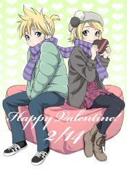 Rule 34 | 1boy, 1girl, aqua eyes, blonde hair, bonnet, boots, brother and sister, casual, chocolate, gift, happy valentine, headphones, heart, jacket, kagamine len, kagamine rin, kase daiki, pantyhose, scarf, shared clothes, shared scarf, shoes, short hair, siblings, smile, sneakers, striped clothes, striped scarf, twins, valentine, vocaloid