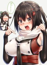 Rule 34 | 10s, 2girls, alternate breast size, breasts, brown eyes, brown hair, elbow gloves, furrowed brow, gloves, jintsuu (kancolle), kantai collection, keita (tundereyuina), large breasts, long hair, multiple girls, no eyes, open mouth, rectangular mouth, remodel (kantai collection), scarf, school uniform, sendai (kancolle), serafuku, short hair, simple background, smile, translated, two side up