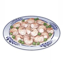 Rule 34 | artist request, commentary, english commentary, food, food focus, game cg, genshin impact, lowres, muted color, no humans, official art, peas, plate, shrimp, simple background, still life, third-party source, transparent background