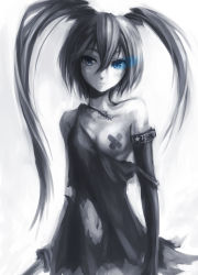 Rule 34 | 10s, 1girl, bandaid, bandaids on nipples, black hair, black rock shooter, black rock shooter (character), blue eyes, breasts, dress, female focus, gradient background, monochrome, off shoulder, pasties, pondel, scar, solo, spot color, sword, torn clothes, twintails, uneven twintails, weapon, white background