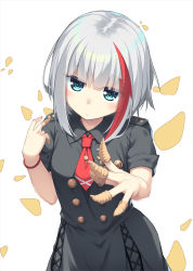 Rule 34 | 1girl, :t, admiral graf spee (azur lane), admiral graf spee (girl&#039;s sunday) (azur lane), azur lane, black dress, breasts, bugle, bugles, bugles (food), bugles on fingers, closed mouth, collared dress, commentary request, dress, food on hand, green eyes, head tilt, highres, instrument, looking at viewer, multicolored hair, necktie, olive (laai), pout, red hair, red necktie, short necktie, short sleeves, sidelocks, silver hair, simple background, small breasts, solo, streaked hair, white background
