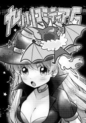 Rule 34 | 1girl, bat (animal), breasts, character request, cleavage, collar, copyright request, earrings, greyscale, hat, heart, heart earrings, highres, jacket, jewelry, large breasts, long hair, monochrome, open mouth, solo, star (symbol), translation request, tsunoji, witch hat