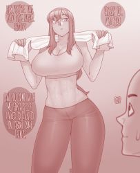 Rule 34 | 1boy, 1girl, abs, assertive female, breasts, collarbone, ekz (robotekz), english text, highres, large breasts, long hair, open mouth, pants, sound effects, sports bra, sportswear, sweat, tan, towel, towel around neck, yoga pants