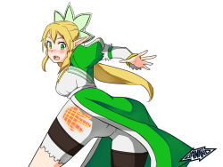 Rule 34 | 10s, 1girl, artist name, ass, ass grab, bent over, blonde hair, blush, breasts, crotch, elf, from behind, green eyes, hair ornament, handprint, jaynario, leafa, long hair, looking at viewer, looking back, oinario, open mouth, pointy ears, ponytail, skirt, solo, sword, sword art online, weapon, white background