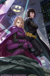Rule 34 | 2girls, aircraft, animal print, artist name, bat (animal), bat print, batgirl, batman (series), belt, black cape, black hair, blue eyes, bodysuit, building, cape, cassandra cain, commentary, dc comics, english commentary, fantasy, gargoyle, gloves, helicopter, highres, in-hyuk lee, logo, looking at viewer, multiple girls, night, official art, purple cape, purple gloves, science fiction, skin tight, skyscraper, solo focus, stephanie brown, superhero costume, too many, too many bats, utility belt, western comics (style)
