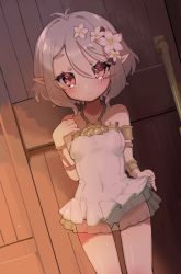 Rule 34 | 1girl, antenna hair, armlet, bare shoulders, blush, bracelet, breasts, clothes lift, cowboy shot, elf, flower, hair between eyes, hair flower, hair ornament, highres, jewelry, kokkoro (princess connect!), kokkoro (summer) (princess connect!), lifted by self, looking at viewer, nukomota, one-piece swimsuit, pink eyes, pink flower, pointy ears, princess connect!, short hair, silver hair, skirt, skirt lift, small breasts, smile, solo, swimsuit, swimsuit skirt, white flower, white one-piece swimsuit
