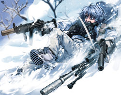 Rule 34 | 1girl, absurdres, blue eyes, blue hair, bolt action, boots, braid, bulletproof vest, camouflage, camouflage jacket, camouflage pants, chtv (tarreban), full body, glock, gloves, gun, handgun, highres, holding, holding gun, holding weapon, izayoi sakuya, jacket, medium hair, open mouth, pants, pistol, rifle, scope, side braids, sliding doors, sniper rifle, snow, soldier, solo, submachine gun, teeth, touhou, twin braids, upper teeth only, weapon, white footwear, white gloves, winter, winter clothes
