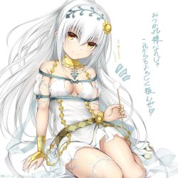Rule 34 | 1girl, belt, breasts, collar, collarbone, commentary request, dated, dress, earrings, flower, flower knight girl, hair flower, hair ornament, highres, jewelry, kuromayu, long hair, looking at viewer, medium breasts, pillow, shirotaegiku (flower knight girl), silver hair, simple background, sitting, smile, solo, stud earrings, translation request, white background, yellow eyes