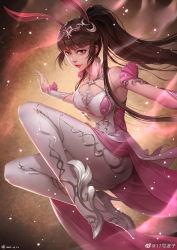 Rule 34 | 1girl, absurdres, animal ears, brown hair, clothing cutout, collared dress, douluo dalu, douluo dalu xiaowu zhuye, dress, from side, full body, hair ornament, high heels, highres, jumping, looking at viewer, outstretched arms, pink dress, ponytail, rabbit ears, smile, spread arms, thighhighs, xiao wu (douluo dalu)