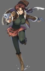 Rule 34 | 1girl, animated, animated gif, black lagoon, boots, breasts, dual wielding, gun, holding, large breasts, long hair, official art, ponytail, revy (black lagoon), skirt, weapon