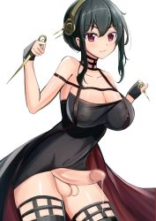 Rule 34 | 1girl, absurdres, black dress, black hair, breasts, censored, cleavage, dress, erection, full-package futanari, futanari, futanari, highres, long hair, looking at viewer, penis, precum, red eyes, simple background, smile, solo, spy x family, testicles, white background, yor briar, yoshiwo senpai
