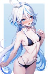 Rule 34 | 1girl, :d, ahoge, bikini, black bikini, blue background, blue eyes, blue hair, blush, breasts, dosu (doseven), furina (genshin impact), genshin impact, hair between eyes, highres, long hair, looking at viewer, multicolored hair, navel, open mouth, ribs, small breasts, smile, solo, swimsuit, two-tone background, two-tone hair, white background, white hair