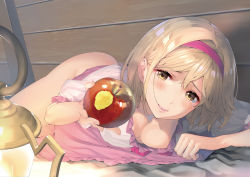 Rule 34 | 1girl, apple, bare legs, bed sheet, blonde hair, blush, breasts, brown eyes, cleavage, clothes lift, djeeta (granblue fantasy), downblouse, food, fruit, granblue fantasy, hairband, highres, holding, holding food, holding fruit, indoors, long hair, looking at viewer, lying, medium breasts, miniskirt, naruse hirofumi, no bra, no panties, on stomach, parted lips, pink skirt, red apple, red hairband, shirt, skirt, skirt lift, smile, solo, white shirt