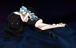 Rule 34 | 1girl, animal ears, aqua hair, arm rest, bare arms, bare legs, bare shoulders, barefoot, black dress, black footwear, blue hair, breasts, closed mouth, dress, full body, high heels, large breasts, leaning to the side, long hair, looking at viewer, lying, on side, original, panther, red lips, shoe soles, shoes, unworn shoes, side slit, sleeveless, sleeveless dress, wavy hair, yellow eyes, yr (jwuly)