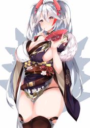 Rule 34 | 1girl, antenna hair, azur lane, black choker, black panties, black thighhighs, blush, breasts, brown eyes, choker, cleavage, closed mouth, collarbone, commentary request, cross, cup, finger to mouth, fur collar, hair between eyes, headgear, highres, holding, holding cup, iron cross, japanese clothes, kimono, large breasts, long hair, long sleeves, looking at viewer, multicolored hair, mutou mame, obi, panties, prinz eugen (azur lane), prinz eugen (profusion of flowers) (azur lane), red hair, sakazuki, sash, sideboob, silver hair, simple background, solo, standing, streaked hair, swept bangs, thighhighs, thighs, two side up, underwear, very long hair, white background, wide sleeves