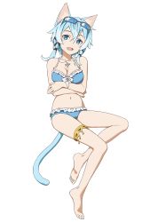 Rule 34 | 1girl, animal ears, barefoot, bikini, blue bikini, blue eyes, blue hair, breasts, cat ears, cat tail, cleavage, crossed arms, eyewear on head, feet, frilled bikini, frills, full body, hair ribbon, halterneck, jewelry, light blue hair, looking at viewer, medium breasts, navel, necklace, official art, open mouth, ribbon, simple background, sinon, sinon (sao-alo), solo, sunglasses, swimsuit, sword art online, tail, thighlet, twintails, white background