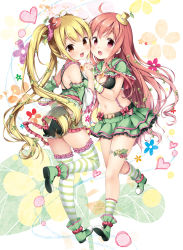 Rule 34 | 2girls, ahoge, antenna hair, bare shoulders, blonde hair, blush, boots, breasts, brown eyes, chiyingzai, cleavage, detached sleeves, full body, hair ornament, hat, heart, highres, holding hands, interlocked fingers, leaf, leaf hair ornament, long hair, looking at viewer, medium breasts, midriff, mini hat, mini top hat, multiple girls, navel, open mouth, original, pink eyes, pink hair, smile, striped clothes, striped legwear, striped thighhighs, thighhighs, top hat, twintails
