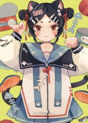 Rule 34 | 1girl, animal ears, arms up, black hair, blue sailor collar, blue skirt, blush, bow, canned fish, cat day, cat ears, cat girl, cat tail, chinese knot, commentary, double bun, fish, fish bone, hair bun, hair ornament, hairclip, looking at viewer, nail polish, original, pleated skirt, red bow, red eyes, red nails, sailor collar, skirt, smile, solo, tabi 0v0, tail, v-shaped eyebrows, yarn, yarn ball, yellow background