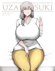 Rule 34 | 1girl, bed, beige pants, between legs, birthday, breasts, character name, closed eyes, closed mouth, collarbone, curvy, grey hair, hair over shoulder, hand between legs, highres, huge breasts, long hair, low tied hair, mature female, owner1657, sitting, smile, solo, sweater, thick thighs, thighs, uzaki-chan wa asobitai!, uzaki tsuki, white sweater, wide hips