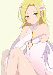 Rule 34 | 1girl, bare shoulders, blush, breasts, commentary request, covered navel, cyicheng, elaine (nanatsu no taizai), elbow gloves, flower, gloves, hair flower, hair ornament, leotard, long hair, looking at viewer, nanatsu no taizai, orange eyes, simple background, small breasts, smile, solo, white flower, white leotard, yellow background