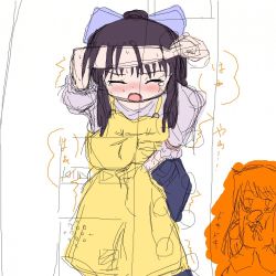 Rule 34 | 2girls, against wall, apron, arm up, black hair, blue bow, blue pants, blush, bow, closed eyes, door, embarrassed, female focus, grey shirt, hair bow, hand up, have to pee, japanese text, jirene, jpeg artifacts, leaning forward, long hair, multiple girls, nose blush, open mouth, original, pants, school uniform, shirt, short sleeves, sketch, solo focus, standing, sweat, tears, translation request, trembling, x-ray, yellow apron
