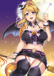 Rule 34 | 1girl, :d, arm at side, ayase eli, bare shoulders, bat wings, belt, black hat, black thighhighs, black wings, blonde hair, blue eyes, blush, breasts, broom, broom riding, cleavage, collarbone, commentary request, crescent, crescent pin, cross-laced clothes, detached collar, frills, full moon, garter straps, gluteal fold, gradient background, groin, hair ornament, hair scrunchie, halloween, halloween costume, hand up, hat, heart, highres, jack-o&#039;-lantern, kamishiro ryuu, large breasts, long hair, looking at viewer, love live!, love live! school idol festival, love live! school idol project, mini hat, mini witch hat, miniskirt, moon, navel, open mouth, panties, pantyshot, pink belt, ponytail, puffy short sleeves, puffy sleeves, pumpkin, round teeth, scrunchie, short sleeves, sidelocks, sitting, skirt, smile, solo, sparkle, star (symbol), stomach, swept bangs, teeth, thighhighs, underwear, upper teeth only, upskirt, wand, white panties, wings, witch hat, wrist cuffs