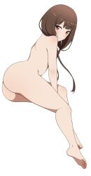 Rule 34 | 1girl, absurdres, ass, back, blush, brown eyes, brown hair, closed mouth, completely nude, coro fae, dot nose, highres, iino miko, invisible chair, kaguya-sama wa kokurasetai ~tensai-tachi no renai zunousen~, looking at viewer, low twintails, nude, paid reward available, simple background, sitting, smile, solo, split mouth, thighs, twintails, white background
