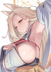 Rule 34 | 1girl, absurdres, animal ears, arm up, armpits, asymmetrical bangs, blonde hair, blue archive, blush, breasts, detached sleeves, dododo (chjune119), eyeshadow, fox ears, halo, highres, kaho (blue archive), large breasts, long hair, looking at viewer, makeup, mole, mole under mouth, red eyeshadow, rope, shimenawa, sideboob, sideless outfit, simple background, skindentation, solo, sweat, very long hair, white background