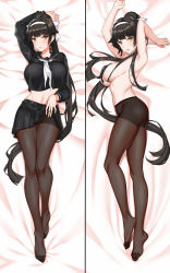Rule 34 | 1girl, areola slip, arm up, armpits, arms up, ass, azur lane, bed sheet, black panties, black pantyhose, black sailor collar, black serafuku, black shirt, black skirt, blunt bangs, blush, breasts, brown eyes, cameltoe, closed mouth, clothes lift, commentary request, convenient censoring, dakimakura (medium), fingernails, from above, gluteal fold, hair censor, hair over breasts, hairband, head tilt, high ponytail, highres, large breasts, lifted by self, long hair, long sleeves, midriff, miniskirt, multiple views, navel, neckerchief, open mouth, panties, panties under pantyhose, pantyhose, pink lips, pleated skirt, sailor collar, school uniform, serafuku, shirt, skirt, skirt lift, smile, takao (azur lane), takao (school romanza) (azur lane), thigh gap, topless, underwear, upskirt, very long hair, white hairband, white neckerchief, zui ai shuang mawei