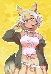 Rule 34 | 1girl, absurdres, acesrulez, adapted costume, american flag, animal ears, belt, blonde hair, blush, choker, coyote (kemono friends), extra ears, grey sweater, highres, kemono friends, kemono friends v project, looking at viewer, microphone, multicolored hair, neck ribbon, off shoulder, official alternate costume, pleated skirt, ribbon, shirt, short hair, skirt, smile, solo, spaghetti strap, sweater, tail, virtual youtuber, white belt, white choker, white hair, white shirt, wolf ears, wolf tail, yellow eyes