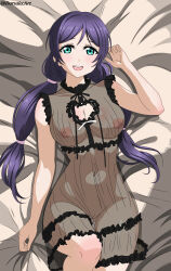 1girl :d absurdres artist_name bed bed_sheet blush bow breasts cleavage cleavage_cutout clothing_cutout collarbone commentary dorsalecart english_commentary frills gluteal_fold green_eyes hair_ornament highres lace_trim large_breasts light_blush lingerie long_hair looking_at_viewer love_live! low_twintails lying navel nipples on_back on_bed open_mouth pillow purple_hair pussy ribbon smile solo thigh_gap tojo_nozomi twintails twitter_username underwear very_long_hair