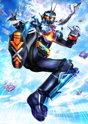 Rule 34 | 1boy, apparebushido, armor, blank card (ride chemy card), blue armor, body armor, bulletbaang, card, chemy, chemy riser, commentary, compound eyes, driver (kamen rider), energyl, flying kick, foreshortening, gloves, glowing, goggles, goggles on head, golddash, gotchardriver, highres, hopper1, ichinose houtarou, ishimori prod, kamantis, kamen rider, kamen rider gotchard, kamen rider gotchard (series), karyudos, kicking, looking at viewer, looking up, male focus, masukudo (hamamoto hikaru), ride chemy card, rider belt, rider kick, scarf, skebows, soles, spread legs, standing, steam, steaming body, steampunk, toei company, tokusatsu, upper body, white gloves, white scarf, yellow eyes