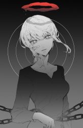 Rule 34 | 1girl, chain, chainsaw man, collarbone, dark halo, drawing alpaca, eyelashes, gradient background, grey background, greyscale, hair between eyes, halo, highres, long hair, looking at viewer, makima (chainsaw man), monochrome, parted lips, red halo, ringed eyes, solo, spot color, unfinished