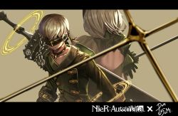 Rule 34 | 1boy, 1girl, back, blindfold, copyright name, covered eyes, dark, gloves, headband, letterboxed, nier:automata, nier (series), pigsomedom, short hair, simple background, sword, weapon, white hair, 2b (nier:automata), 9s (nier:automata)