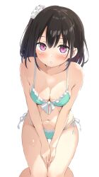 bare_shoulders barefoot bikini black_hair blush bow bow_bikini breasts chestnut_mouth cleavage collarbone dot_nose feet_out_of_frame frilled_bikini frilled_bikini_top frills front-tie_top green_bikini hair_ornament hair_scrunchie hands_on_own_thighs highres kneeling looking_at_viewer medium_breasts miyuki_(yxbt7) navel one_side_up open_mouth original own_hands_together purple_eyes scrunchie shizuku_(kantoku) short_hair side-tie_bikini_bottom sidelocks simple_background solo swimsuit white_background white_bow white_scrunchie