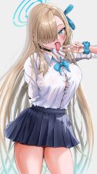Rule 34 | 1girl, absurdres, asuna (blue archive), blonde hair, blue archive, blue eyes, bow, bowtie, fue (rhomphair), hair over one eye, halo, highres, long hair, long tongue, looking at viewer, school uniform, scrunchie, serafuku, skirt, thighs, tongue, v, wrist scrunchie