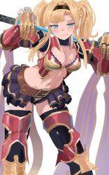 Rule 34 | 1girl, armor, belt, black hairband, blonde hair, blue eyes, blush, boots, braid, breasts, cleavage, clip studio paint (medium), closed mouth, collarbone, commentary, english commentary, french braid, gauntlets, gloves, granblue fantasy, hair intakes, hair ornament, hairband, highres, holding, holding weapon, jourd4n, leaning forward, long hair, looking at viewer, medium breasts, midriff, miniskirt, navel, over shoulder, polearm, shorts, sidelocks, simple background, skirt, smile, solo, standing, stomach, thigh boots, thighhighs, thighs, twintails, weapon, weapon over shoulder, white background, zeta (granblue fantasy)