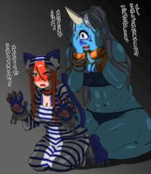 Rule 34 | 2girls, abs, animal ears, bandana, blue skin, blush, bracelet, breasts, cat ears, cat tail, cleavage, colored skin, curvy, cyclops, dark, demon girl, fantasy, hip focus, horns, jewelry, kneeling, long hair, monster girl, multiple girls, muscular, navel, necklace, nezunezu, one-eyed, open mouth, partially translated, pawpads, pointy ears, prison, prisoner, red hair, scared, single horn, size difference, striped, sweat, tail, translation request, wide hips