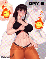 Rule 34 | 1girl, absurdres, breasts, cleavage, covered erect nipples, en&#039;en no shouboutai, female focus, fireball, highres, large breasts, long hair, looking at viewer, maki oze, muscular, muscular female, navel, pashapencil, ponytail, purple eyes, solo