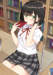 Rule 34 | 1girl, black hair, blush, book, bookshelf, breasts, closed mouth, collared shirt, commentary request, dress shirt, flying sweatdrops, green eyes, grey skirt, hands up, highres, holding, holding book, indoors, komori kuzuyu, library, looking at viewer, neck ribbon, on chair, open book, original, plaid, plaid skirt, pleated skirt, red ribbon, ribbon, school uniform, shirt, short sleeves, sitting, skirt, small breasts, solo, table, tile floor, tiles, white shirt